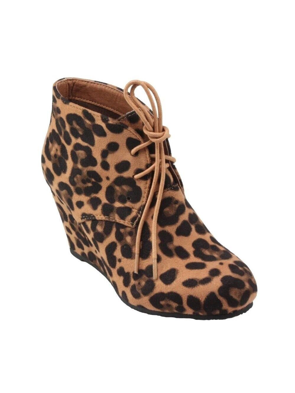 BellaMarie Leopard Print Sally-5 Almond Toe Lace-up Wedge Ankle Booties Size 8